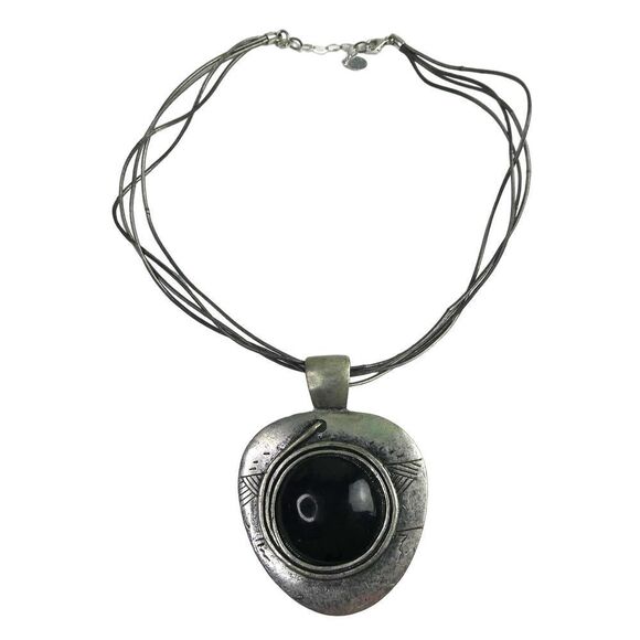 Large Brutalist Abstract Black Silver Tone Pendant on Sterling Dyadema Necklace - Picture 1 of 13